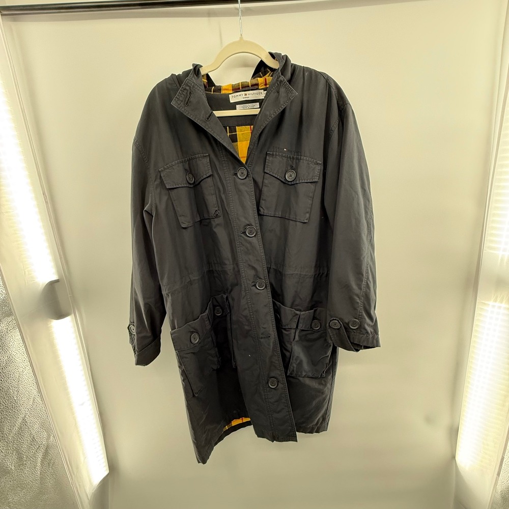 Tommy Hilfiger Black Hooded Utility Jacket Women's 1X Plaid Lined Cargo Coat‎